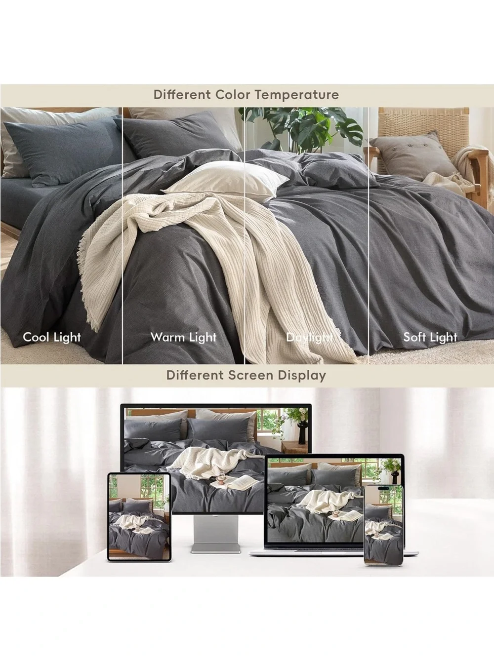 NEW MooMee Bedding Duvet Cover Set 100% Washed Cotton Linen-Like. Dark Grey King